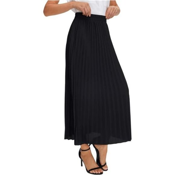 Womens Pleated Long Skirt High Waist Solid Maxi Skirt Casual Flowy Work Skirt - Picture 3 of 6